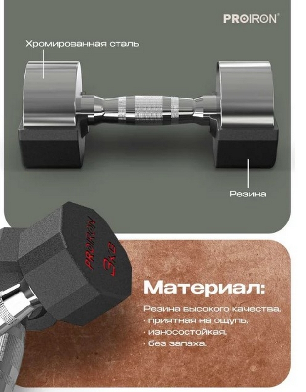 Гантели обрезиненные 2шт по 3кг PROIRON Г2030ОБР 625_800